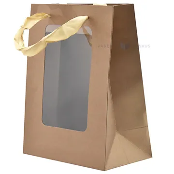 Brown paper bag with square window and ribbon handles 18+10x23cm