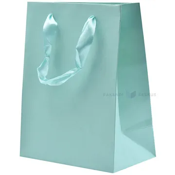 Zaļgani-zils papīra dāvanu maiss ar lentes rokturiem 18+10x23cm