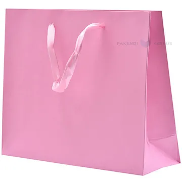 Pink paper bag with ribbon handles 25+8x20cm
