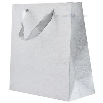 Shiny silver paper bag with ribbon handles 25+10x25cm