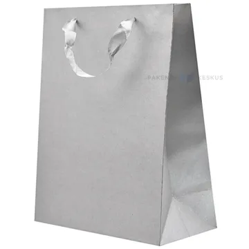 Gray paper bag with ribbon handles 26+12x32cm