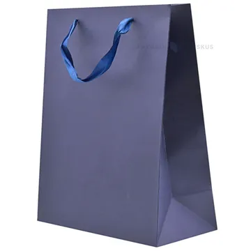 Dark blue paper bag with ribbon handles 26+12x32cm