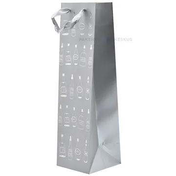 Little white bottles print gray paper bag for wine with ribbon handles 10,5+10,5x36cm