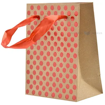Red dots print craft paper bag with ribbon handles 11+6x14cm
