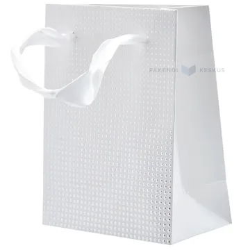 Silvery dots white paper bag with ribbon handles 11+6x14cm