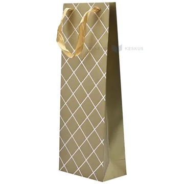 Rhombus print golden paper bag for wine with ribbon handles 15+8x40cm