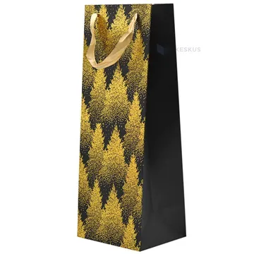 Golden trees print black paper bag for wine with ribbon handles 15+12x40cm