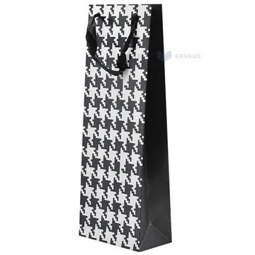 Black-white houndstooth pattern print paper bag for wine with ribbon handles 15+8x40cm