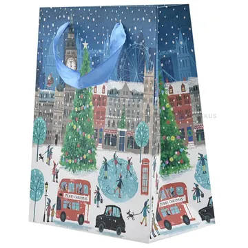 Christmassy London cityview print paper bag with ribbon handles 18+10x23cm