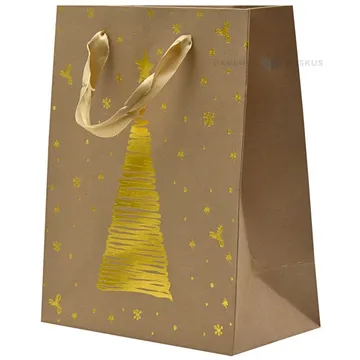 Golden Chistmas tree print brown paper bag with ribbon handles 18+10x23cm