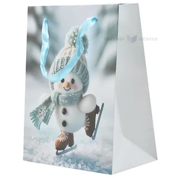 Paelsangaga mütsi ja salliga uiskudega lumememme pildiga kinkekott 18+10x23cm