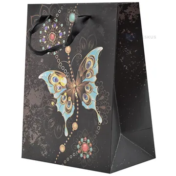 Butterfly print patchy black paper bag with ribbon handles 18+10x23cm