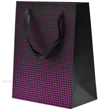 Purple dots print black paper bag with ribbon handles 18+10x23cm
