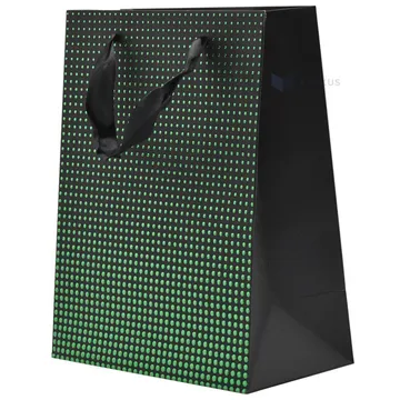 Green dots print black paper bag with ribbon handles 18+10x23cm