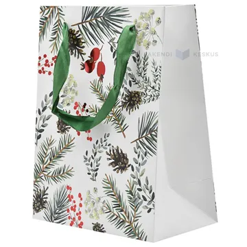 Branches, cones and red berries print paper bag with ribbon handles 18+10x23cm