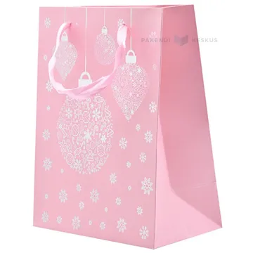 White ornaments print light pink paper bag with ribbon handles 18+10x23cm