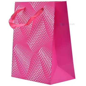 Pink waves bright pink paper bag with ribbon handles 18+10x23cm