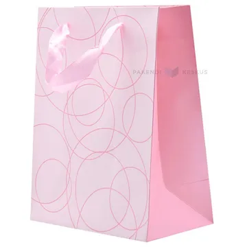 Pink circles pink paper bag with ribbon handles 18+10x23cm