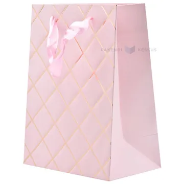 Golden edged rhombus pink paper bag with ribbon handles 18+10x23cm
