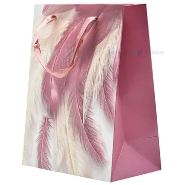 Pink and beige feathers paper bag with ribbon handles 18+10x23cm