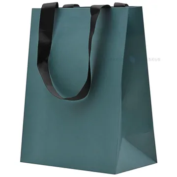 Dark greenish gift bag with black ribbon handles 18+10x23cm