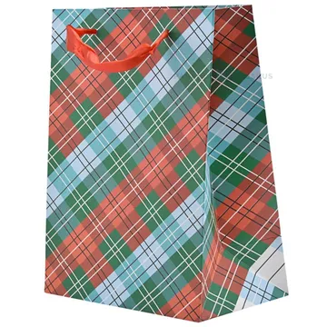 Red-green-white checkered paper bag with ribbon handles 18+10x23cm
