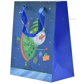 Snowman elf print blue paper bag with ribbon handles 18+10x23cm