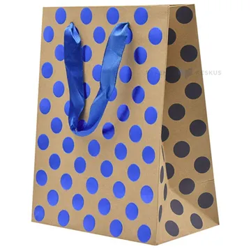 Blue dots print craft paper bag with ribbon handles 18+10x23cm