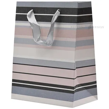 Black, pink and gray stripes paper bag with ribbon handles 18+10x23cm