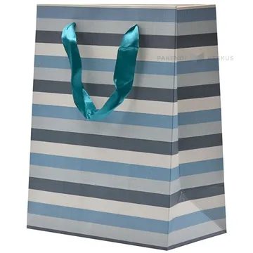 Blue, white and gray stripes paper bag with ribbon handles 18+10x23cm
