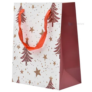 Paelsangaga punaste kuuskede ja tähtedega valge kinkekott 18+10x23cm