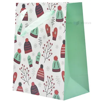 Hats, gloves and branches print white paper bag with ribbon handles 18+10x23cm