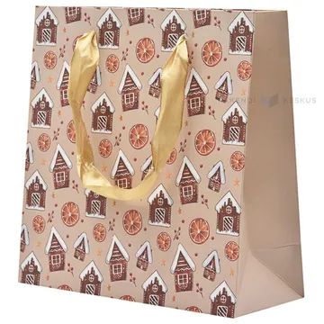 Paelsangaga piparkoogimajade ja apelsinidega beez kinkekott 20+8x20cm