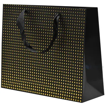 Golden dots print black paper bag with ribbon handles 25+8x20cm