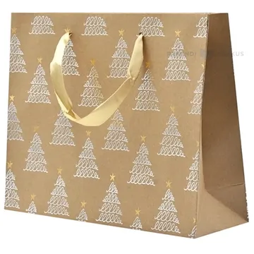 Silvery striped trees print brown paper bag with ribbon handles 25+8x20cm