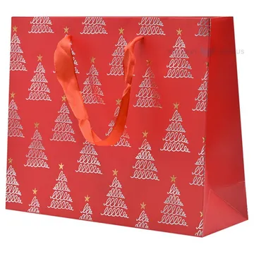 Silvery striped trees print red paper bag with ribbon handles 25+8x20cm