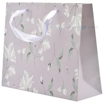 Delicate white flowers print purple paper bag with ribbon handles 25+8x20cm