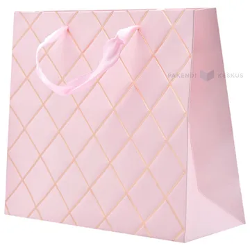 Golden edged rhombus pink paper bag with ribbon handles 25+8x20cm