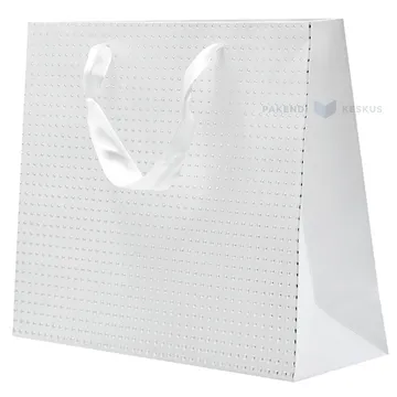 Silvery dots white paper bag with ribbon handles 25+8x20cm