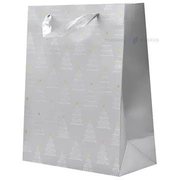 Silvery striped trees print gray paper bag with ribbon handles 26+12x32cm