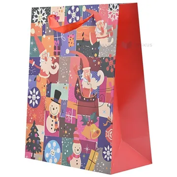 Santa Clauses and snowmen print checkered paper bag with ribbon handles 26+12x32cm