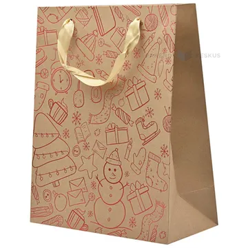 Red presents, socks, skates and snowman print brown paper bag with ribbon handles 26+12x32cm