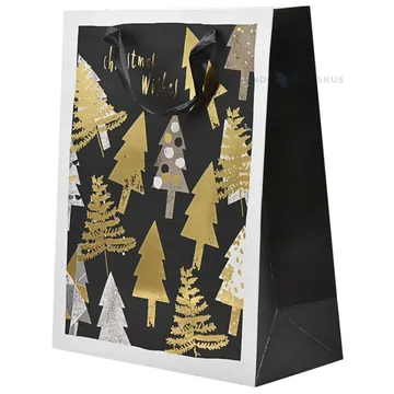 Paelsangaga kuldsete ja mustriliste kuuskedega must kinkekott 26+12x32cm Christmas wishes
