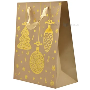 Hanging golden Christmas ornaments print craft paper bag with ribbon handles 26+12x32cm