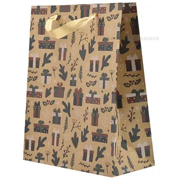 Christmas branches and gifts print craft paper bag with ribbon handles 26+12x32cm