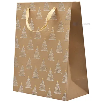 Silvery striped trees print brown paper bag with ribbon handles 26+12x32cm