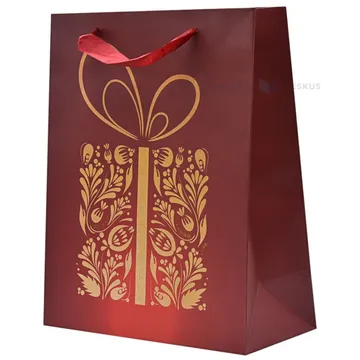 Paelsangaga kuldse mustrilise kingipakiga punane kinkekott 26+12x32cm