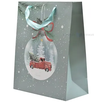 Lahjakassi  turkoosila nauhakahvalla, 26+12x32cm, punainen auto