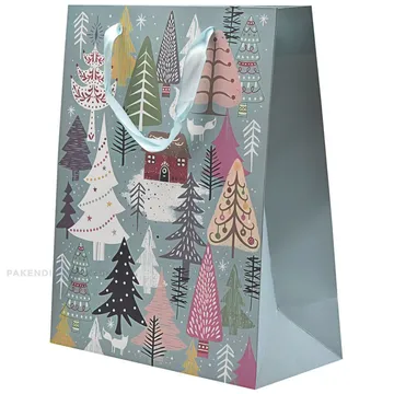 Lahjakasii turkoosilla nauhakahvalla, 26+12x32cm, kuusia vihreällä ja sinisellä pohjalla