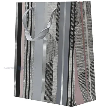 Different types of stripes paper bag with ribbon handles 26+12x32cm